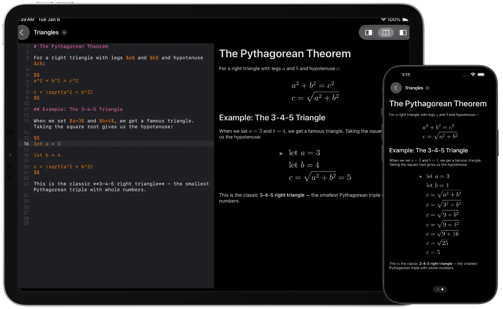 Split-screen interface of a professional writing tool showing Markdown/LaTeX code and its rendered preview in dark mode.
